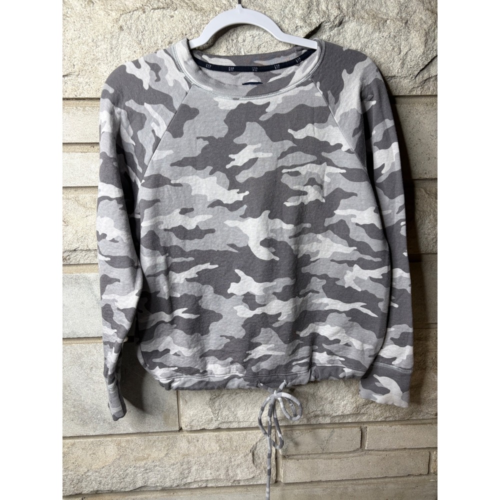 GAP Womens Grey Camo Drawstring Hem Raglan‎ Fleece Sweatshirt S QLW00345